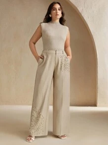 Anewsta Plus Size Fashionable Beaded Women Pants Fall - Cream - View 7