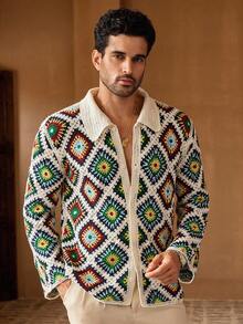 HIMLAND 男士休闲时尚翻领长袖开衫 男士钩针衬衫 波西米亚风男士衬衫 男士钩针开衫 男士钩针衬衫 男士度假装钩针衬衫 男士钩针衬衫，秋冬 - 彩色 - 查看 3