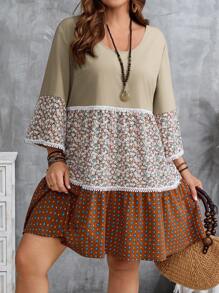 EMERY ROSE Übergröße, Urlaub, lässig, dreilagig, farblich abgestimmt, Blumennähte, Spitzendekoration, lockeres Babydoll-Kleid, Rundhalsausschnitt, knielanges Kleid, Boho-Kleid, Übergröße, Blumenmuster, Übergröße, Sommerkleid in Übergröße, Herbstkleider für Damen, Country-Konzert-Outfit, Übergröße, Boho-Kleid, Übergröße, Blumenkleid - Verschiedenfarbig - Übersicht 5