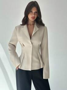 Firerie Women's Casual Linen Waisted Long Sleeve Lapel Collar Thin Blazer Jacket, Apricot In Fall/Winter