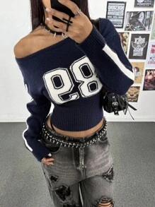 StreetHx 新款秋冬字母提花针织性感露肩休闲街头风毛衣，藏青色 - 藏蓝色 - 查看 3