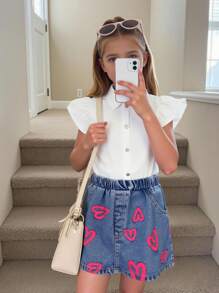 SHEIN 2 Pieces Young Girl Summer Back-To-School Clothes Set,Light Pink Heart Print Denim Skirt And White Shirt,Casual Comfortable School Kindergarten Outfit - White - View 2