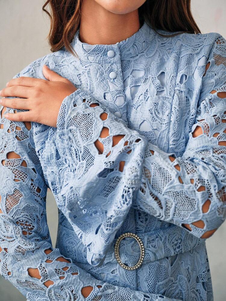 Blue Stand Collar Flare Sleeve Belted Floral Dress For Women, Autumn/Winter