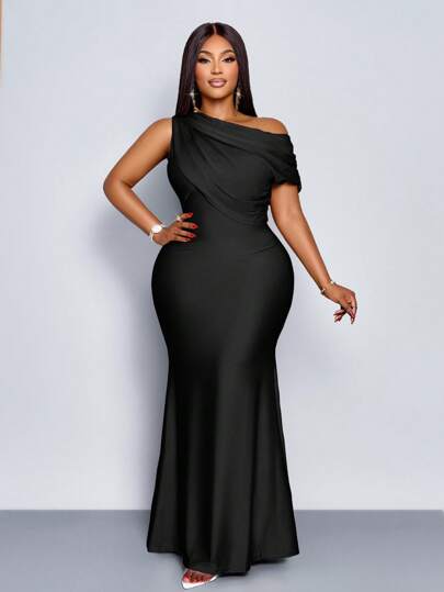 SOLERSUN 夏季女装大码婚礼派对优雅杏色针织闪亮面料不对称露肩无袖拼接收腰修身鱼尾裙长款连衣裙