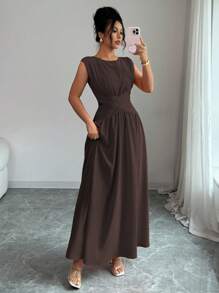Elenzga Đầm maxi dài không tay dáng chữ A, cổ tròn, eo thon, xẻ tà, màu trơn, thanh lịch, tối giản, cao cấp dành cho nữ, thích hợp mặc đi làm, đi biển, đi nghỉ, lễ hội âm nhạc, xuân/hè - Cà phê nâu - Xem 4