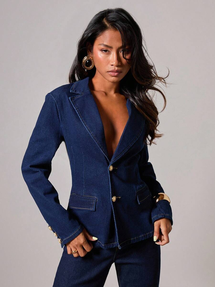 COSMINA 女式休闲腰部收紧垫肩牛仔夹克 - 藍色 - 查看 1