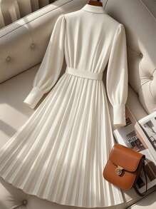 Franclia Waist-Cinching Flattering Long Sleeve Cinched Waist Pleated Button Up Shirt White Belt  Dress Fall Clothes For Women,Business Casual Outfits Women ,Wedding Guest Dress Women
