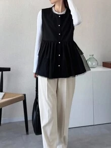 FRIFUL Jaket Kasual Longgar Serbaguna Wanita Warna Hitam Polos dengan Patchwork Jala Transparan, Cocok untuk Mantel Wanita Musim Gugur - Hitam - View 2