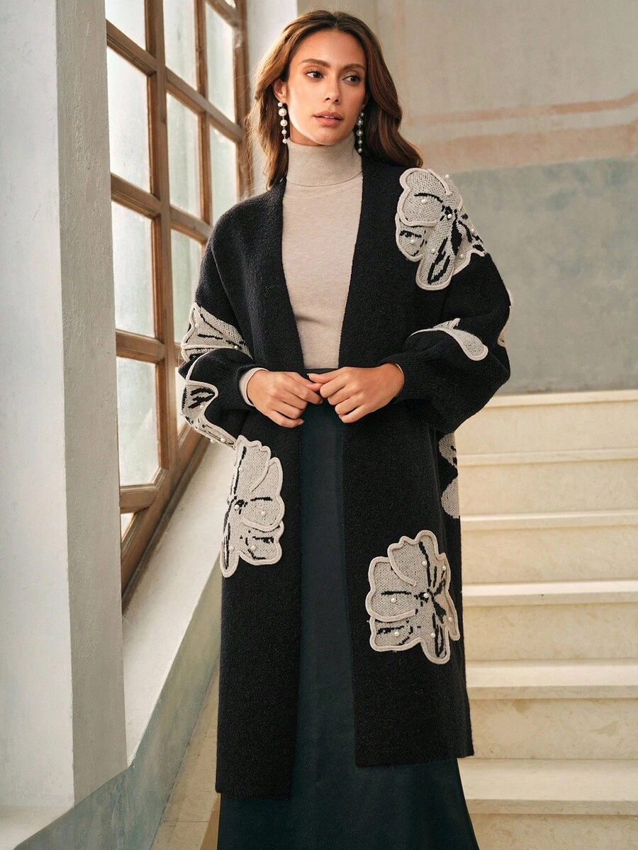 Anewsta Women's Loose Knit Cardigan, Black Jacquard Textured High-End Winter Jacket - Black - View 1