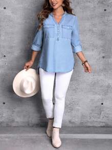 SHEIN Essnce Plus Size Solid Color Notched Neck Button Up Casual Long Sleeve Denim Jacket