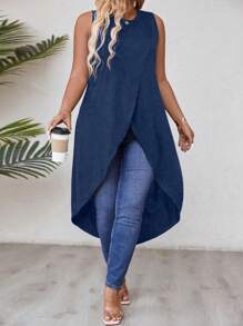 EMERY ROSE Plus Size Solid Color Wrap Asymmetric Hem Long Tank Top For Summer - Navy Blue - View 1