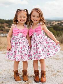SHEIN Baby Girl Cute Summer Dress,White And Pink Ditsy Floral Color Block Bow Decor Casual Comfy Outfits For Vacation,Daily Leisure And Back To School - Pink - View 1