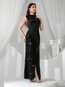 Coutiva 奢华亮片拼布礼服，高端优雅派对礼服，精致淑女 - 黑色 - 查看 7