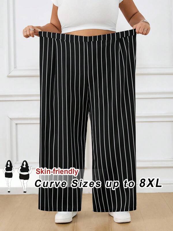 SHEIN CURVE+ Pantalones anchos de pierna con cintura elástica, a rayas blancas y negras, de estilo casual y cómodo para mujer de talla grande, para primavera y verano, estilo "Old Money", para mujer, para la oficina