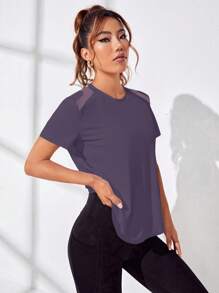 Easithlete 女士镂空后背圆领短袖休闲健身运动T恤健身房衬衫 - 紫色 - 查看 4