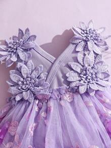 SHEIN Infant Baby Girls Sweet Elegant Gorgeous Adorable 3D Flower Embroidered Purple Tulle Princess Dress Outfit With Headband, Suitable For 0-9M Newborn Babies, Fits Birthday, Memorial Day, Photo Shoot, Flower Girl For Wedding, Outdoor Activities, Holiday Celebration - Purple - View 7