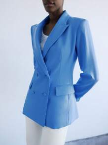 Maija Veste blazer pour femmes à col croisé, poches et décoration minimaliste urbaine. Polyvalente pour un usage urbain, décontracté, formel, professionnel, enseignement, automne/hiver - Bleu azur - Voir 4