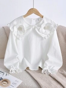 Blusa casual a maniche lunghe con bordo in pizzo per ragazze, camicia elegante con colletto ricamato a fiori per uscite, top bianco semplice - Bianco - Visualizzare 7