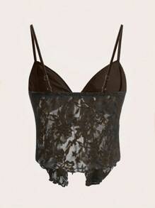SHEIN ICON Textured Jacquard Fabric Slit Hem Bohemian Style Camisole Top - Coffee Brown - View 2