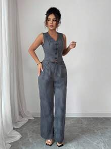 Chiquease 女士流行條紋無袖西裝外套和長褲套裝