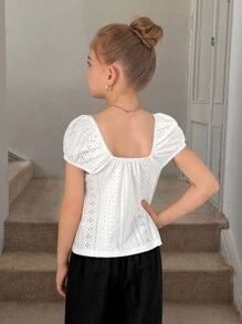 SHEIN Tween Girls Knit Textured Jacquard Ruched Ruffled Trim White Casual Blouse, Vacation/Country Style, Back-To-School, Sweet Top