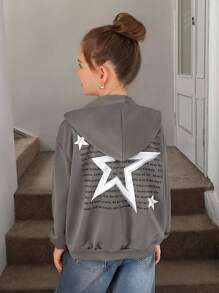 SHEIN Tween Girl Loose Casual Street Gray Ultra Loose Drop Shoulder Back Letter Star Print Hooded Zipper Sweatshirt Jacket,In Fall/Winter - Grey - View 3