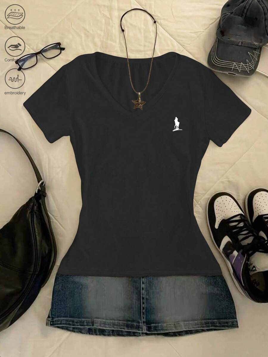 SHEIN Embroidered V-Neck T-Shirt For Women, Gift For Friends - Black - View 1