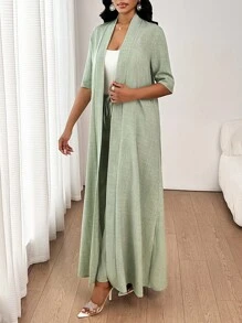 SHEIN Lady 女士优雅休闲通勤度假简约纯色长款开衫外套搭配宽松直筒裤两件套四季皆宜 - 綠色 - 查看 6
