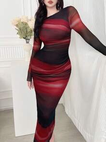 Modelyn 优雅扎染图案女式紧身连衣裙 - 紅色 - 查看 3