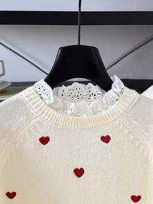 SHEIN Tween Girl Casual   Pullover Sweater, Elegant Embroidered Lace Trim Heart Embroidery Loose Raglan Sleeve Pullover Sweater, Soft Comfortable Thick In Fall/Winter - Apricot - View 7