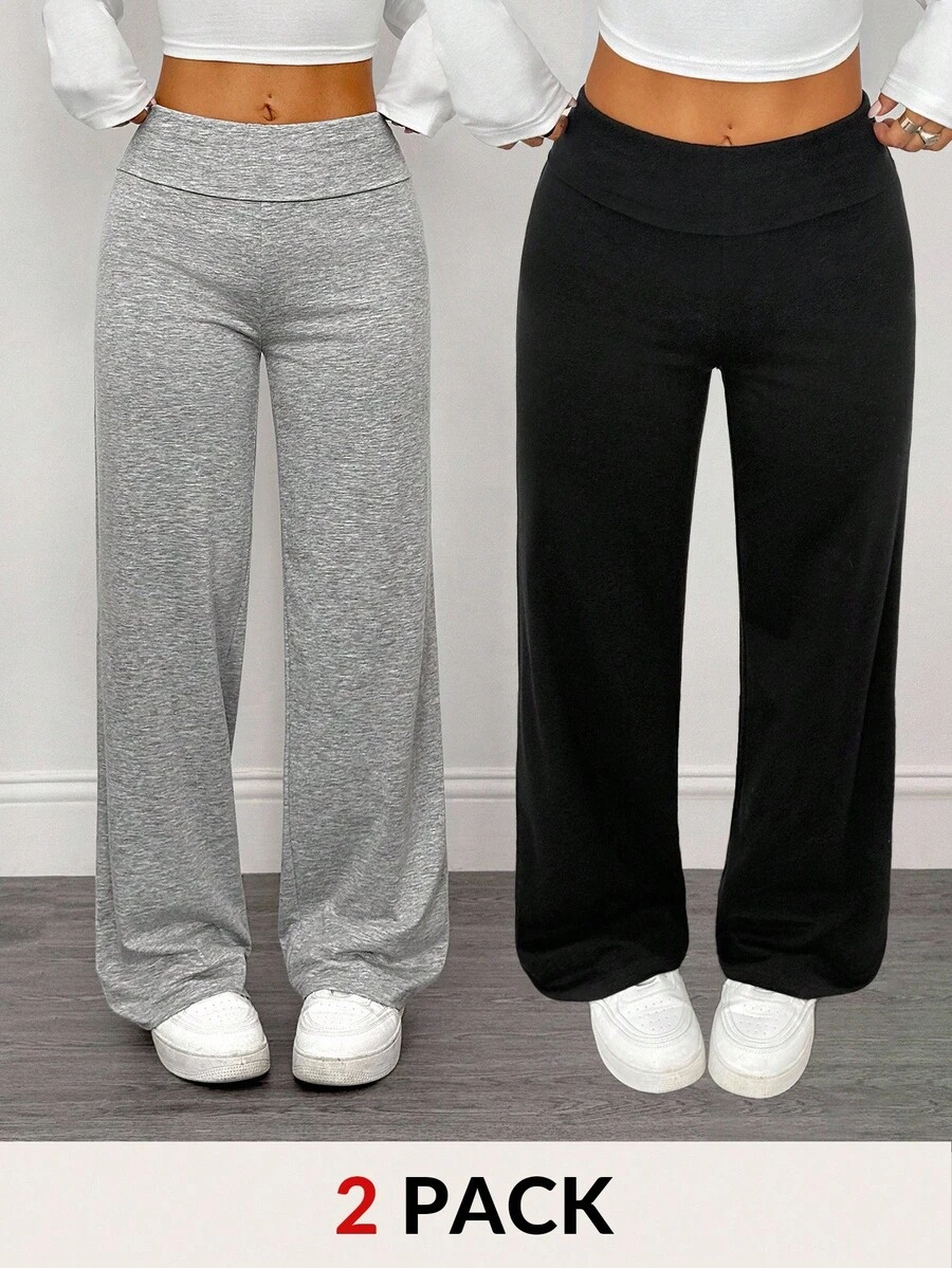 SHEIN PETITE 2pcs Women's Casual High Waist Fold-Over Wide Leg Straight Pants, Suitable For Summer,Fall - Multicolor - View 1