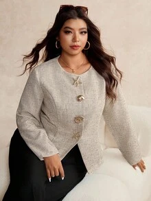 Elaquor 大码女式休闲时尚金属纽扣夹克 - 卡其色 - 查看 6