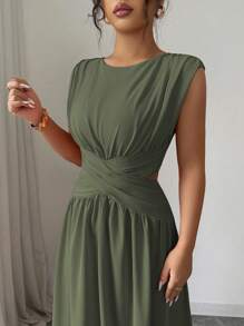 Elenzga 女士优雅简约高端纯色圆领复古腰部镂空短款交叉褶皱 A 字形无袖长裙，适合办公室、通勤、海滩、度假、音乐节、春夏季 - 軍綠色 - 查看 2