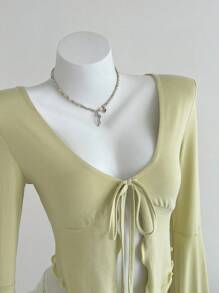 Elamini 1pc Women's V-Neck Casual T-Shirt With Tie Waist, Flared Sleeves, Slim Fit, Y2K Style, Yellow, Spring/Autumn - Mustard Yellow - View 5