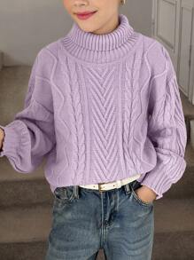 SHEIN Tween Girl Turtleneck Cable Knit Lantern Sleeve Sweater,In Fall/Winter - Lilac Purple - View 8