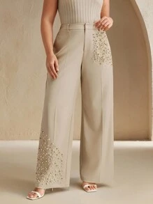 Anewsta Plus Size Fashionable Beaded Women Pants Fall - Cream - View 5