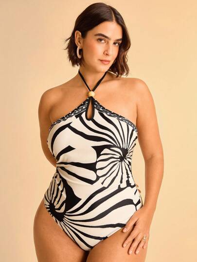 CAJUNI Plus Size Women Boho Vintage Beige & Black Printed Halter Neck, Beaded Hollow Out Waist One-Piece Swimsuit