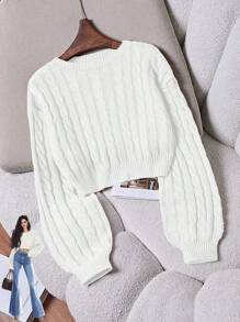 SHEIN Tall Casual Solid Color Lantern Sleeve Cropped Sweater Knit Pullover Fall Winter - White - View 1