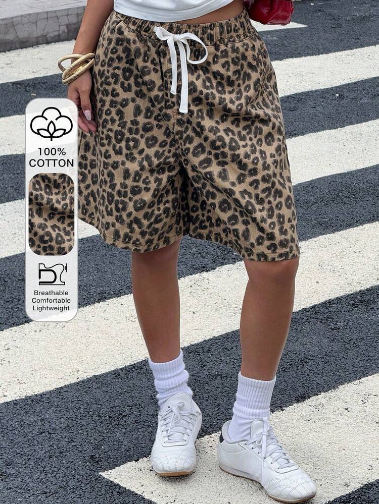 Women's Summer Leopard Print Tie-Up Denim Shorts Jorts