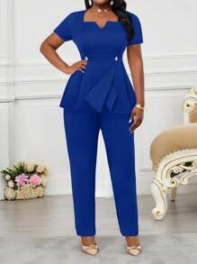 SHEIN Lady 2025 新款纯色 V 领短袖腰纽扣不对称下摆上衣西装裤加大码两件套西装加大码优雅商务办公西装女士，返校节秋季女士两件套女士优雅皇家蓝两件套优雅女士两件套优雅皇家蓝优雅 - 寶藍色 - 查看 3