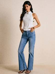 Poéselle Women's Chinese Style Stand Collar Sleeveless Top With Button Design,Button Up Shirt Women,Long Sleeve Shirt,Business Casual Woman,Office Outfits For Women,Old Money Style Women,Classy Outfits For Women, Fall Clothes For Women,Winter Clothes For Women - White - View 5