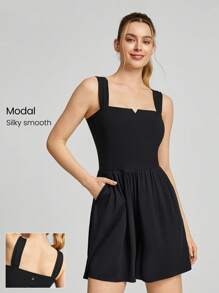 GLOWMODE FeatherFit™-Air Modal Pocket Ruched Sports Romper Daily Casual Summer Quick Dry Moisture Wicking - Black - View 1