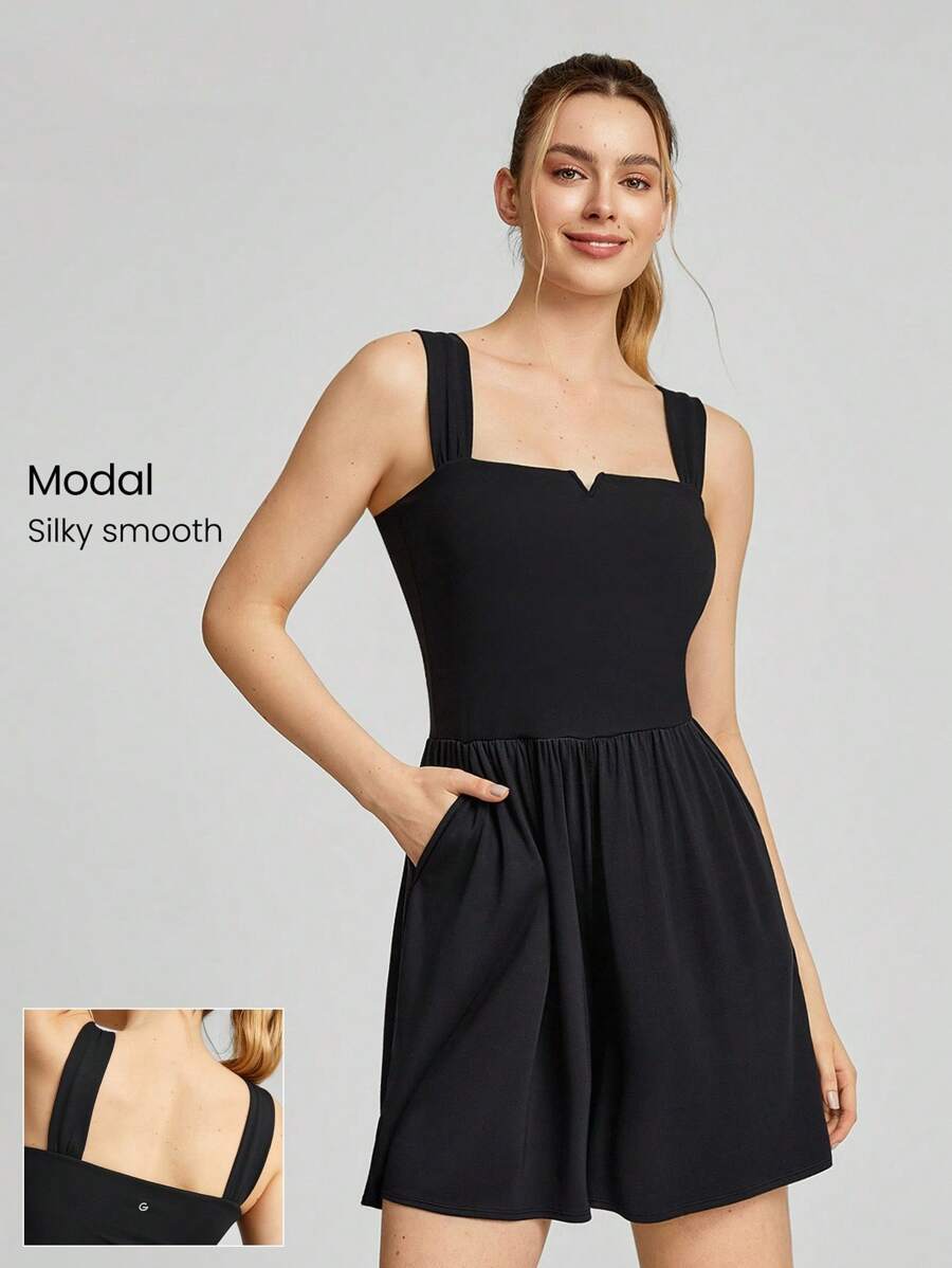 GLOWMODE FeatherFit™-Air Modal Pocket Ruched Sports Romper Daily Casual Summer Quick Dry Moisture Wicking - Black - View 1