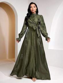 Veilorie 女士纯色立领长袖束腰优雅连衣裙 - 橄欖綠 - 查看 5