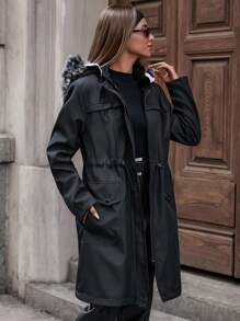 EURMUSE Winter Parka, Extended Length Design, Faux Fur Trimmed Hood, Hidden Front Zip With Storm Flap, Large Utility Pocket Design, Drawstring Waist Adjustment, Mid-Thigh Length Cut, Weather-Resistant Material, Classic Winter Coat Silhouette, Practical Urban Style, Perfect For Cold Weather Protection - Black - View 5