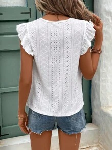 SHEIN Frenchy Eyelet Embroidery Ruffle Trim Round Neck Lace Trimmed Tee