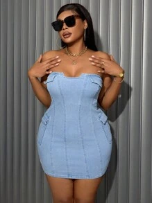 SHEIN SXY Casual Elastic Denim Strapless Dress - Light Wash - View 1