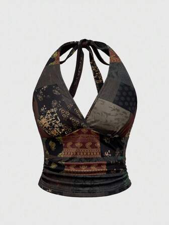 Grunge Punk Camiseta de tirantes con estampado gráfico bohemio y lazo, talla grande y sexy