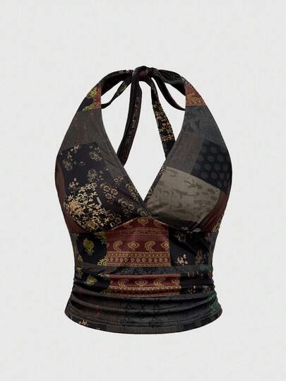 Grunge Punk Canotta con stampa grafica bohémien sexy, con spalline sottili e fiocco, taglie comode