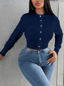 VaVaBold Áo khoác lửng dáng ôm màu trơn đơn giản - Màu xanh hải quân - Xem 5